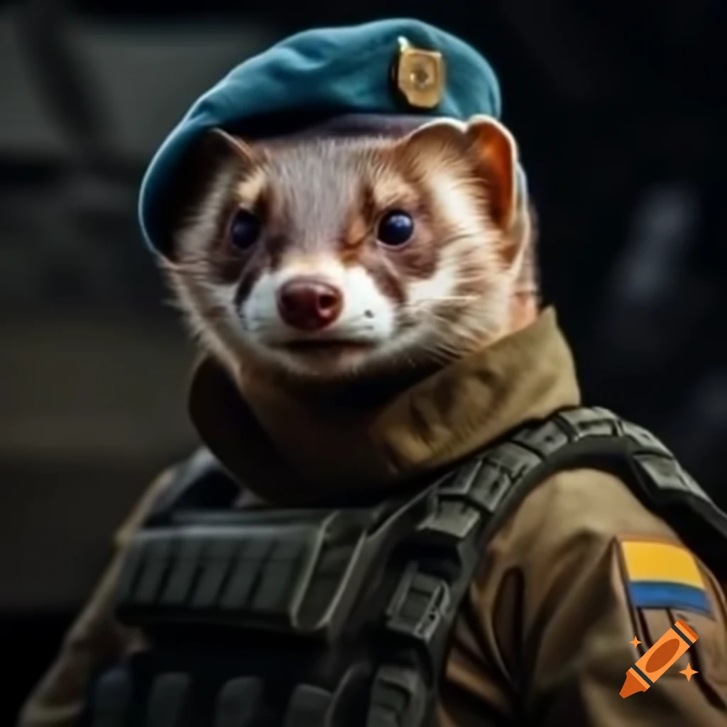 Angry European weasel in tactical military uniform commanding a T72 tank