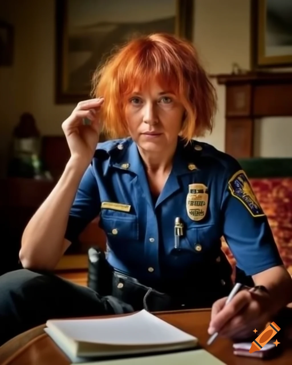 French female police officer taking notes at crime scene in dusty living room