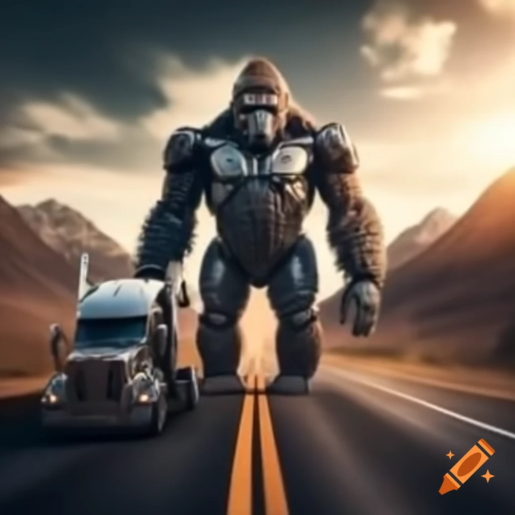 Giant metal robot gorilla on highway holding truck, mountains and sunset