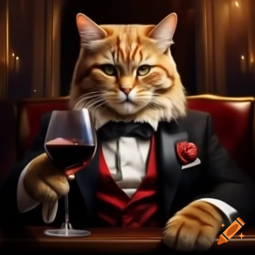 Cat in tuxedo drinking red wine in luxurious palace setting