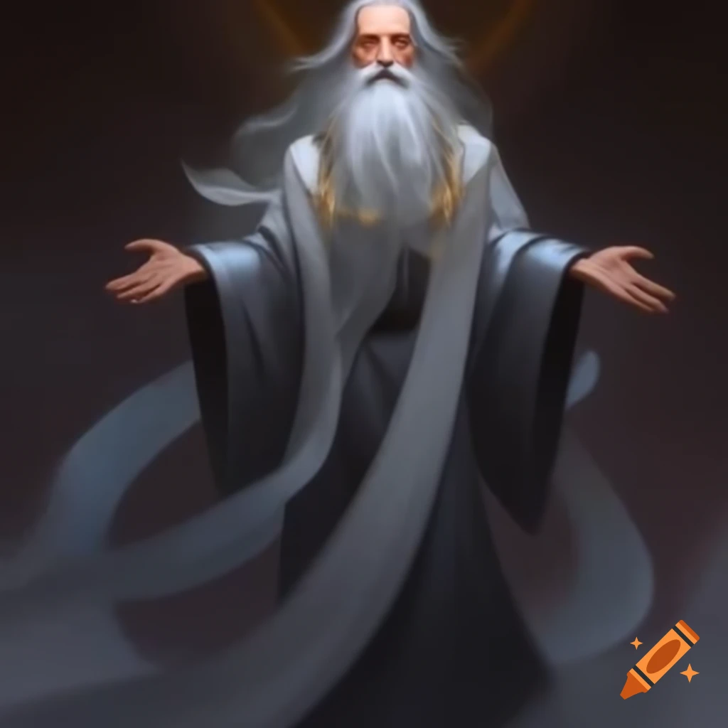 Elegant figure in silver-gray gown with gray hair and beard