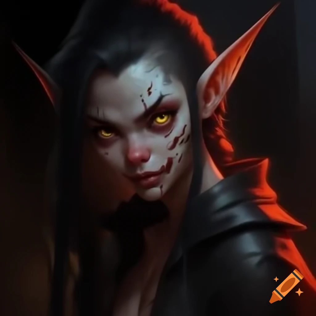 Skinny tall young woman with pointed ears and angular features wearing a long red dress