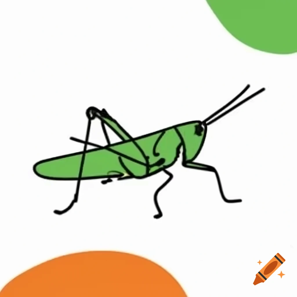 Minimalist black line drawing of a grasshopper in orange and green