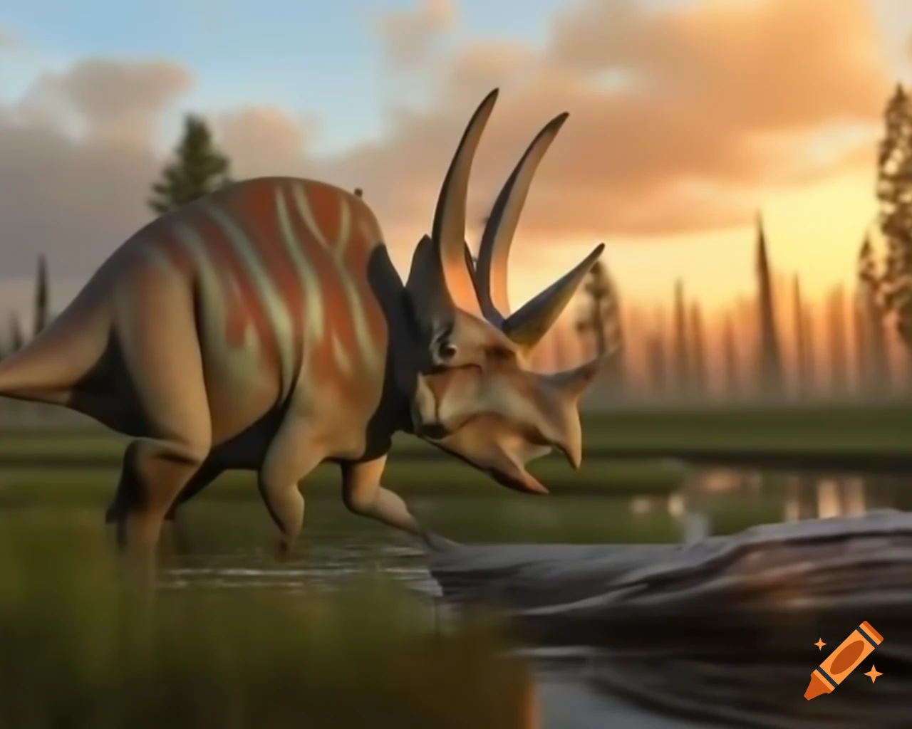 Herd of protoceratops crossing marsh at sunset with driftwood