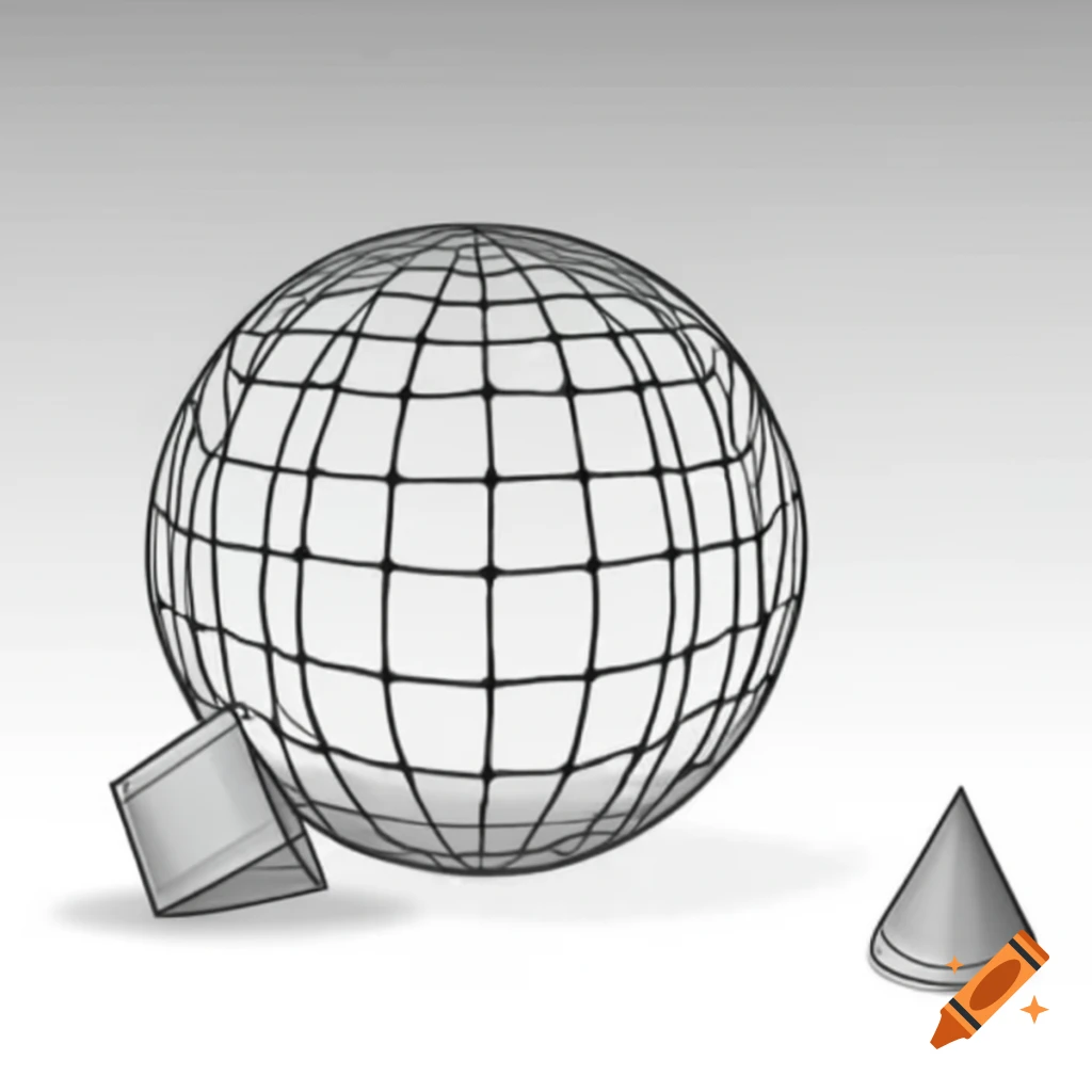 3D wireframe models of sphere, cube, and cone