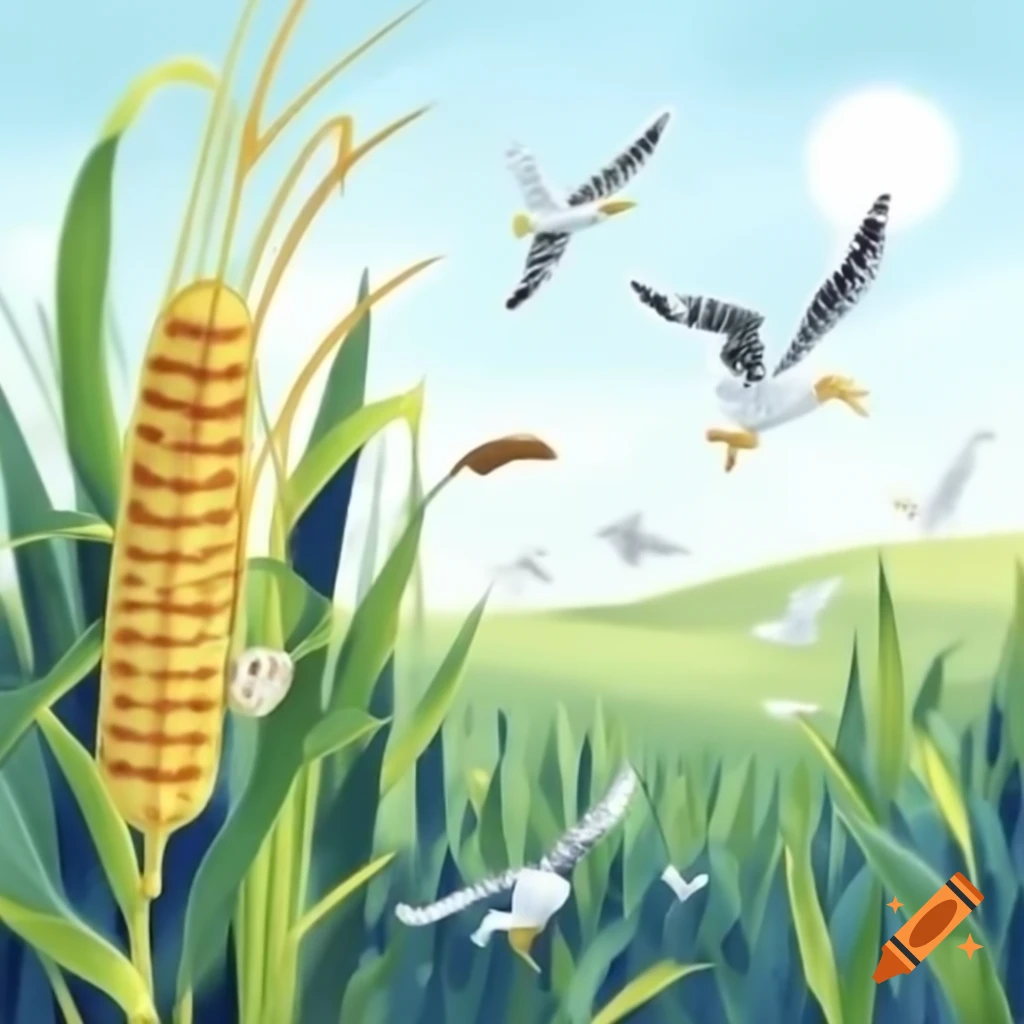 Seagulls eating grasshoppers in cornfield on hillsides