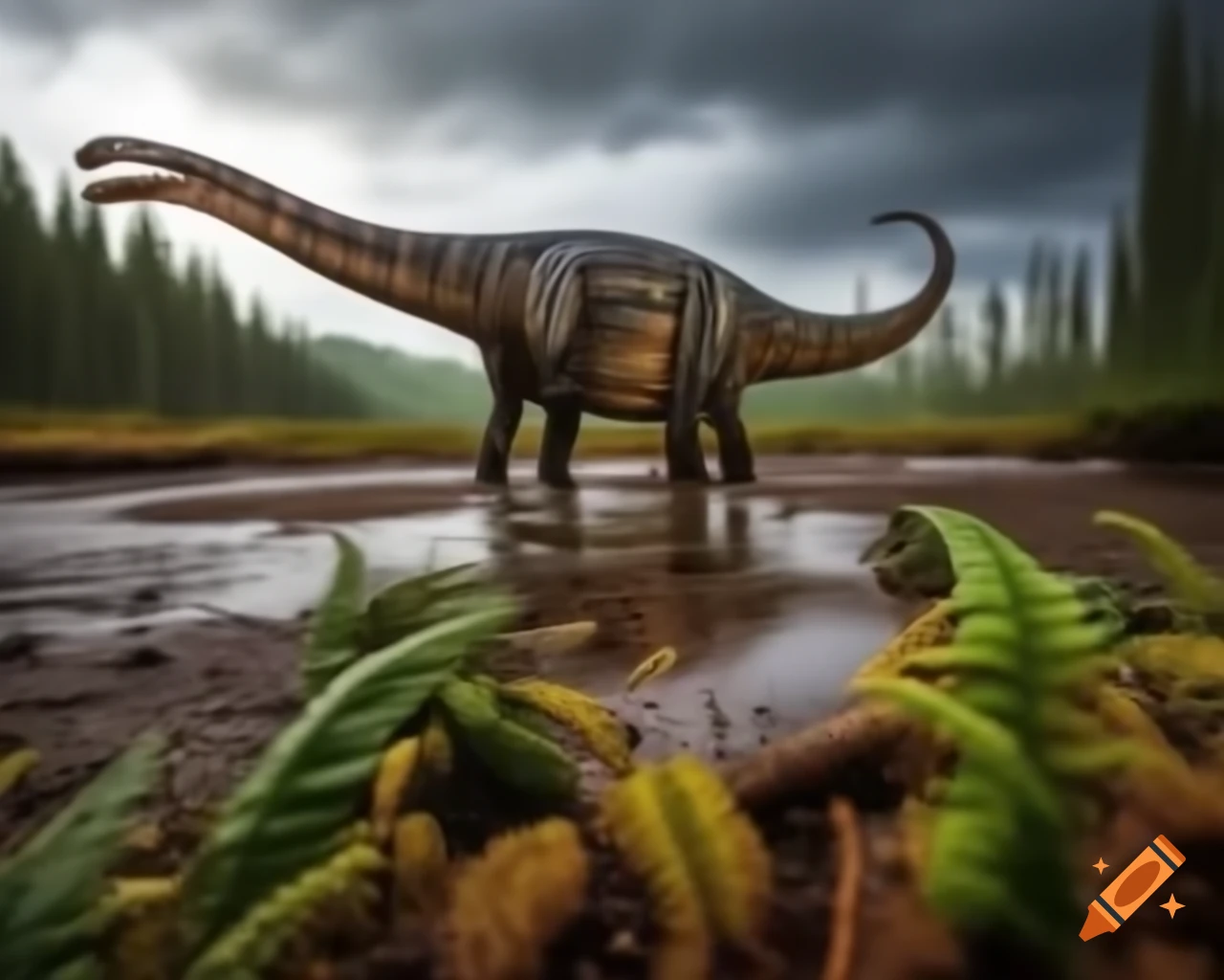 Striped Hadrosaurus roaming near stream and mudflat with ferns in British Columbia