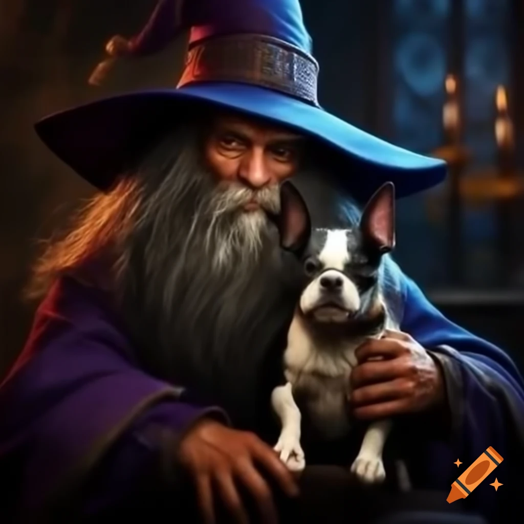 Wizard character riding a Boston Terrier dog