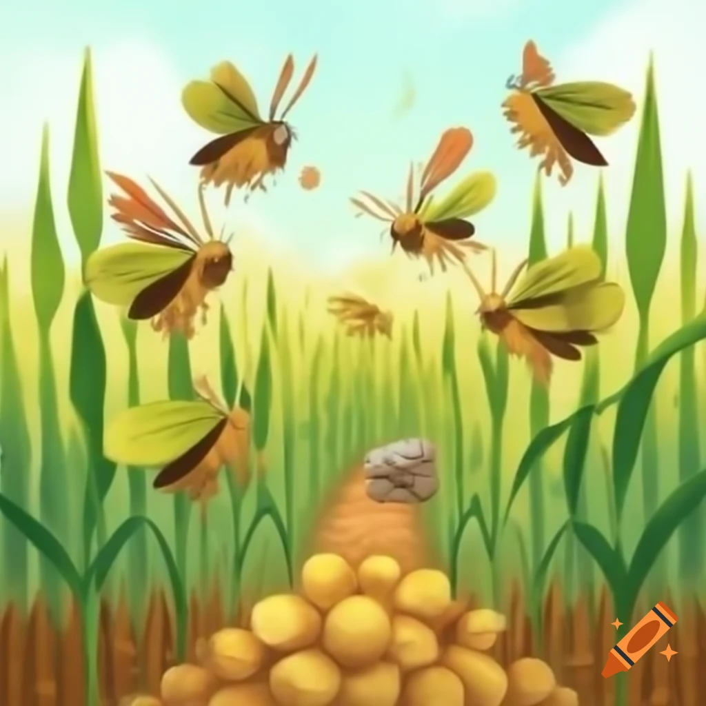 Grasshoppers swarming over a cornfield