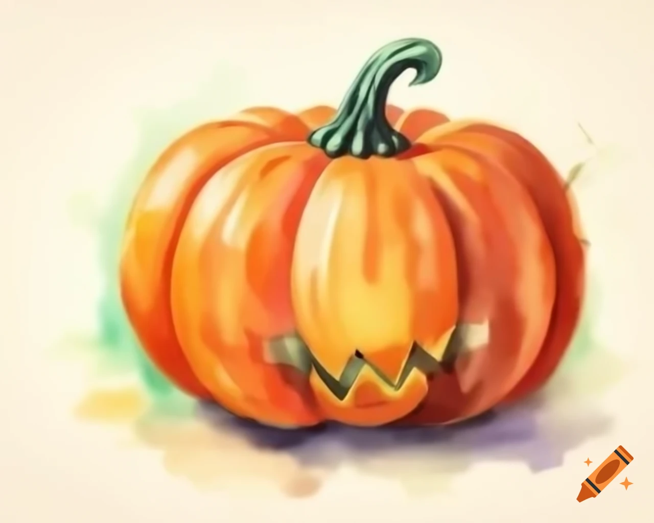 Watercolor Halloween pumpkin in orange, green, and gold, storybook style
