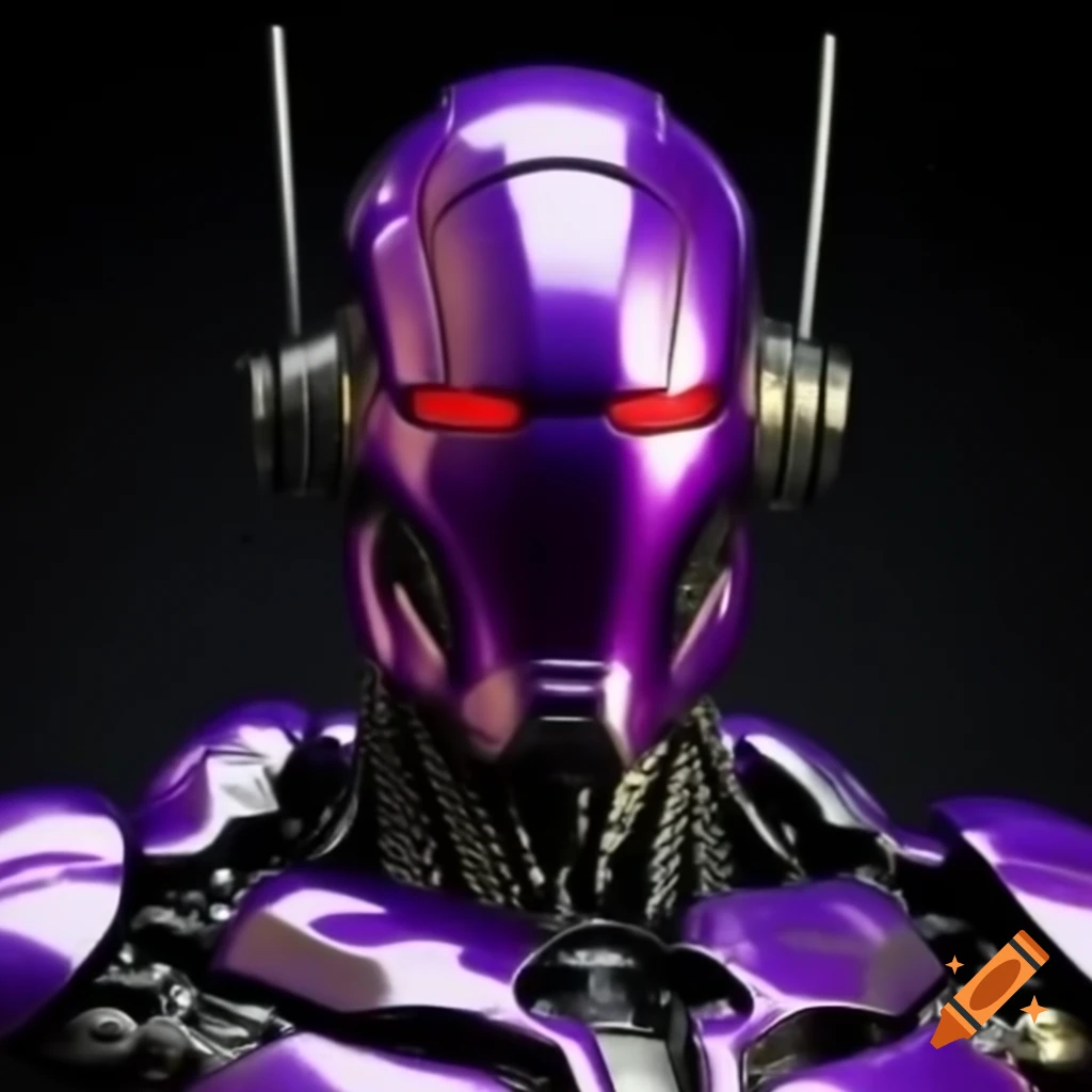 Futuristic metallic Ultron design with glowing red eyes and silver fins