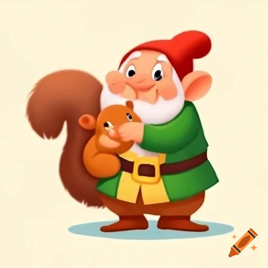 Cartoon dwarf cuddling a cute squirrel