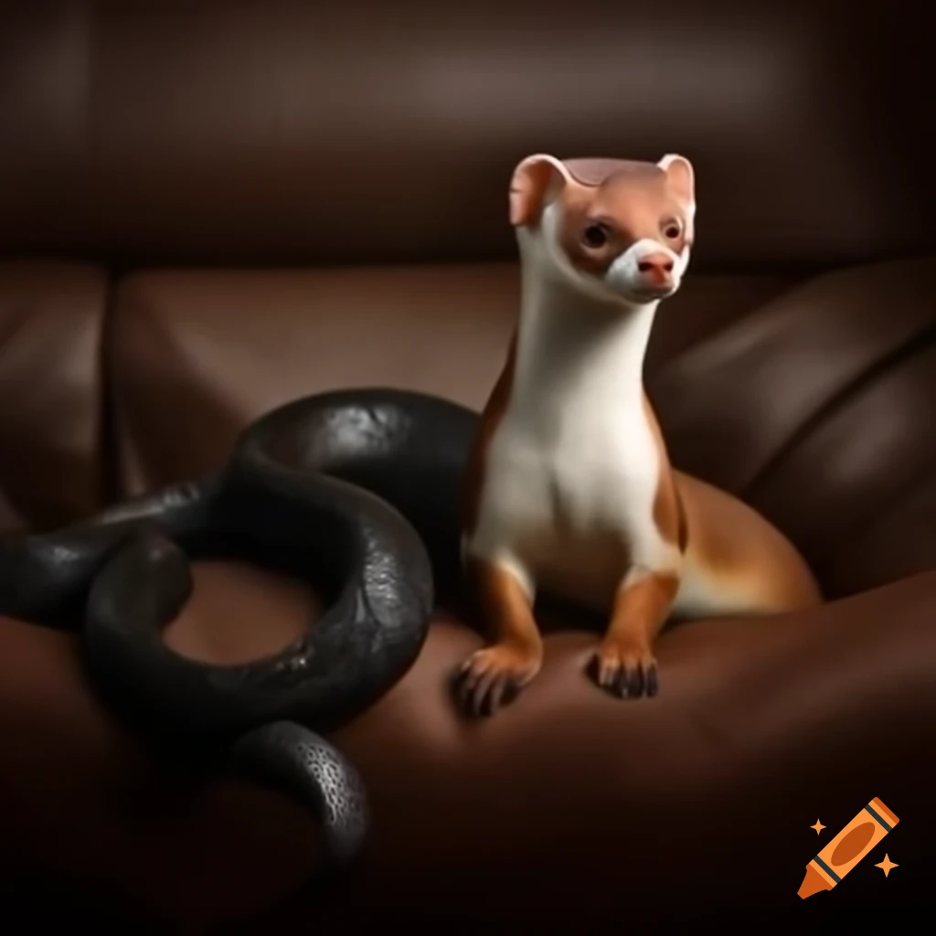 Elegant lady stoat and black snake on a couch
