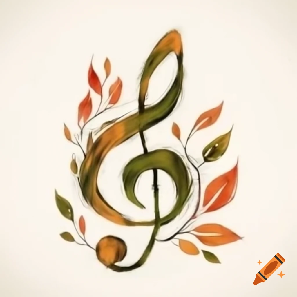 Treble clef with scrollwork and autumn leaves on white background