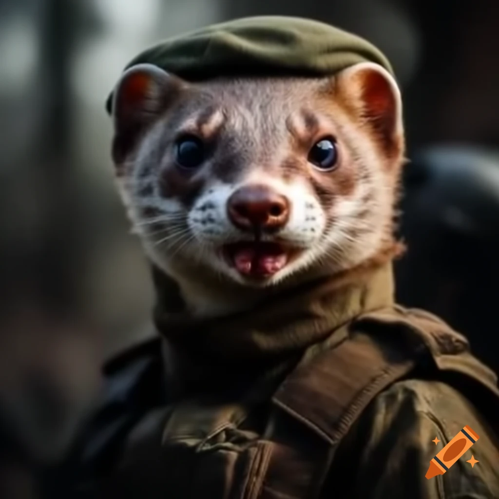 European weasel wearing Ukrainian tactical military uniform and laughing