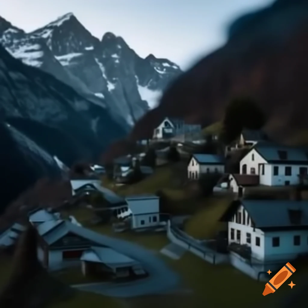Mountain village depicted in dark colors