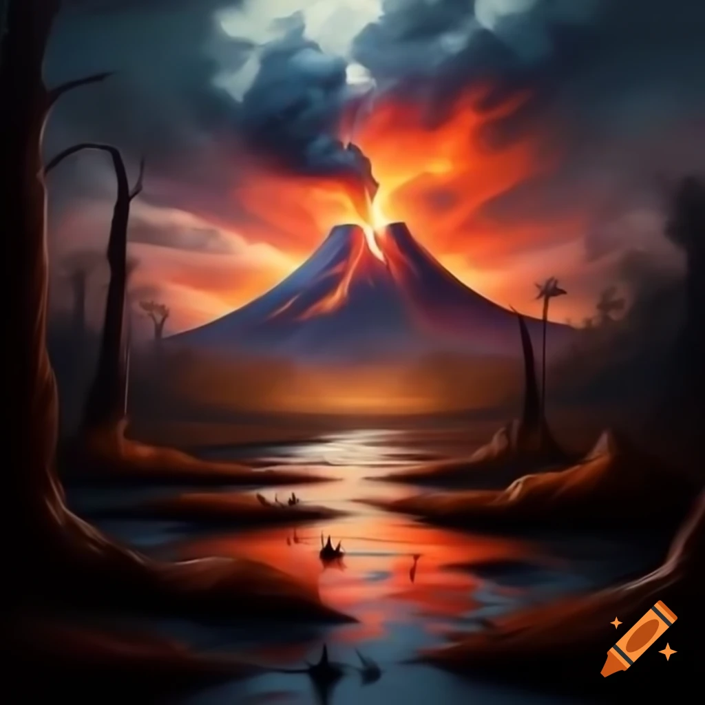 Gloomy swamp with active volcano in detailed oil painting