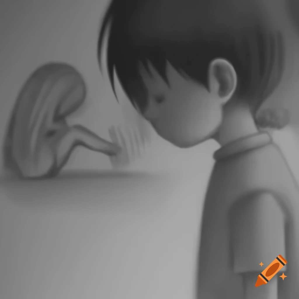 Pencil drawing of a sad boy watching a girl pass by, back view