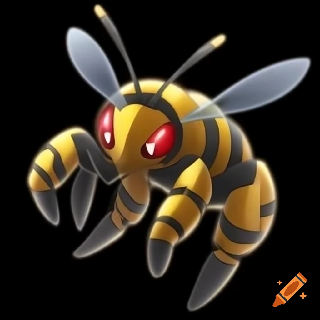 Turquoise bee Pokémon with glowing red eyes and long drill arms