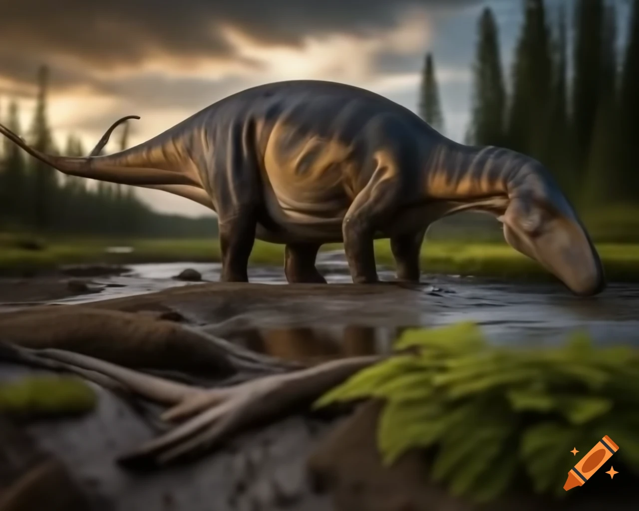 Striped Hadrosaurus roaming a stream in muddy flat with ferns and driftwood
