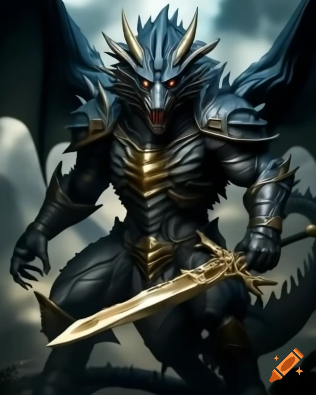 Black dragon in armor with golden blade in attacking pose