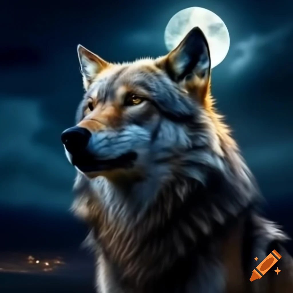 Realistic wolf gazing at a large moon at night