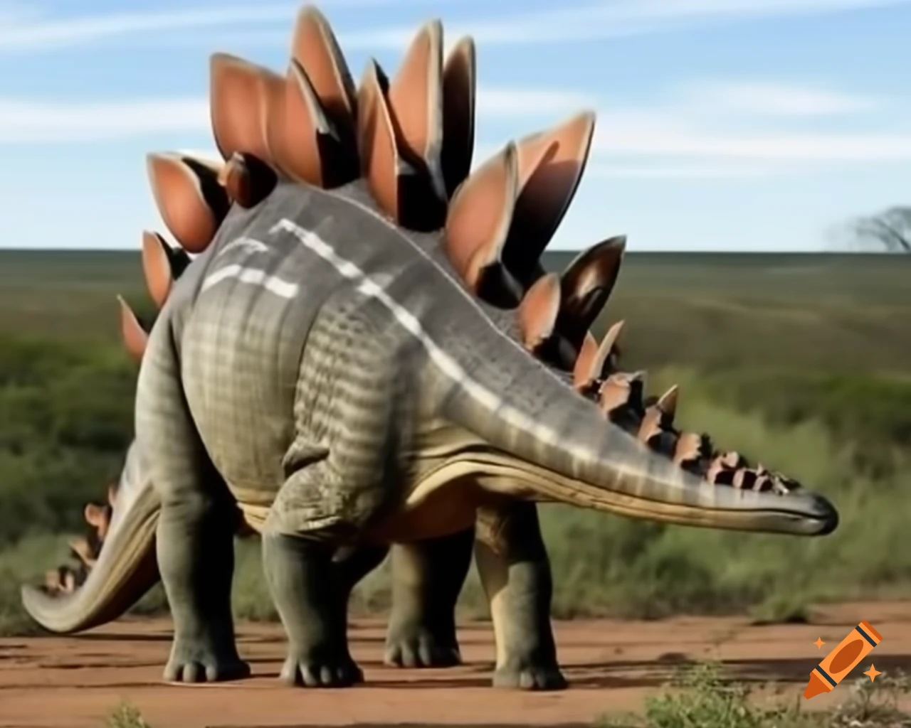 Pair of striped Stegosaurus walking in fern-covered savannah