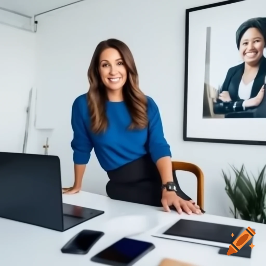 Confident woman CEO in business attire working at modern desk with laptop and smart devices