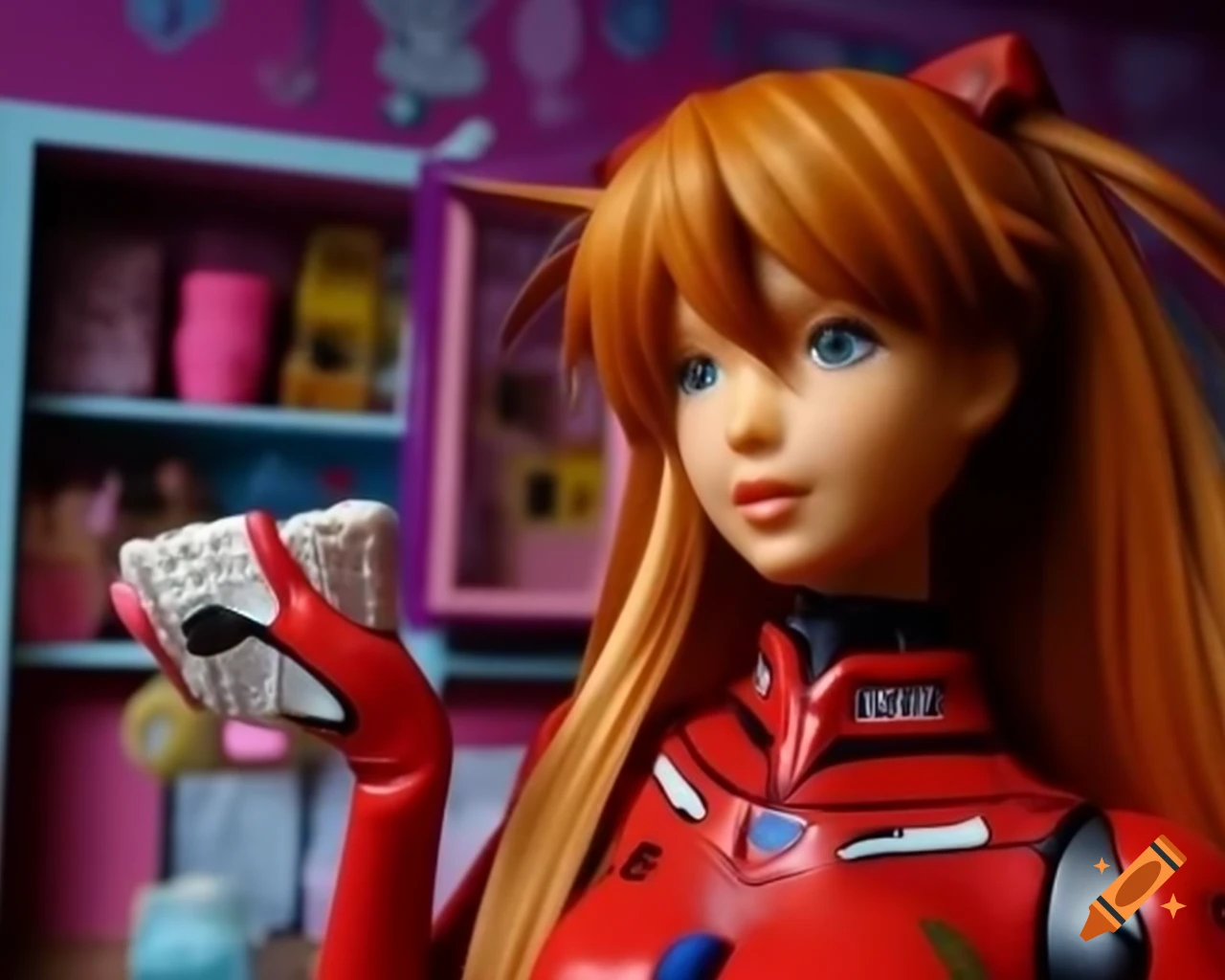 Asuka Langley Barbie figurine in girly bedroom with detailed features
