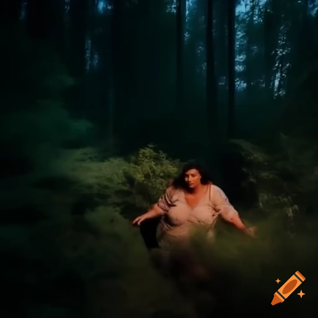 Lizzo running towards camera in woods at night, night vision footage