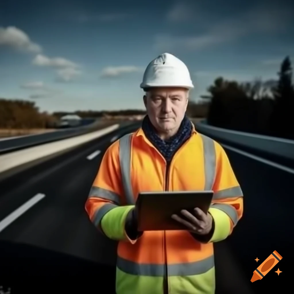 Construction worker using iPad while observing a road