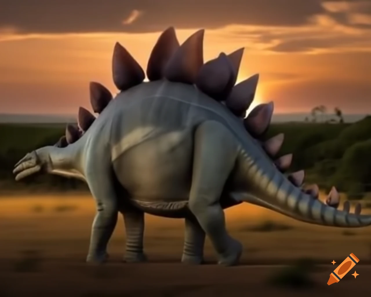 Pair of striped Stegosaurus walking in fern-covered savannah at golden hour
