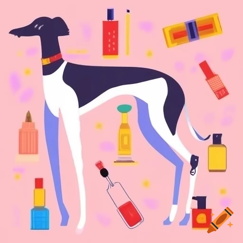 Greyhound dog in 1980s outfit promoting perfume Sniffing Dreams