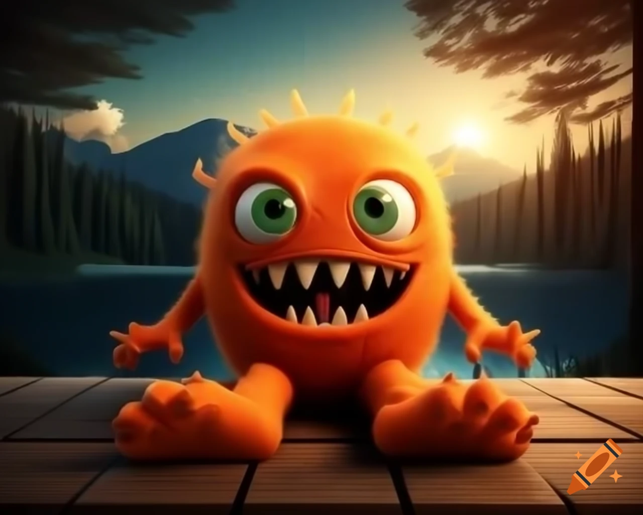 Photorealistic orange monster with human face sitting on wooden table in forest