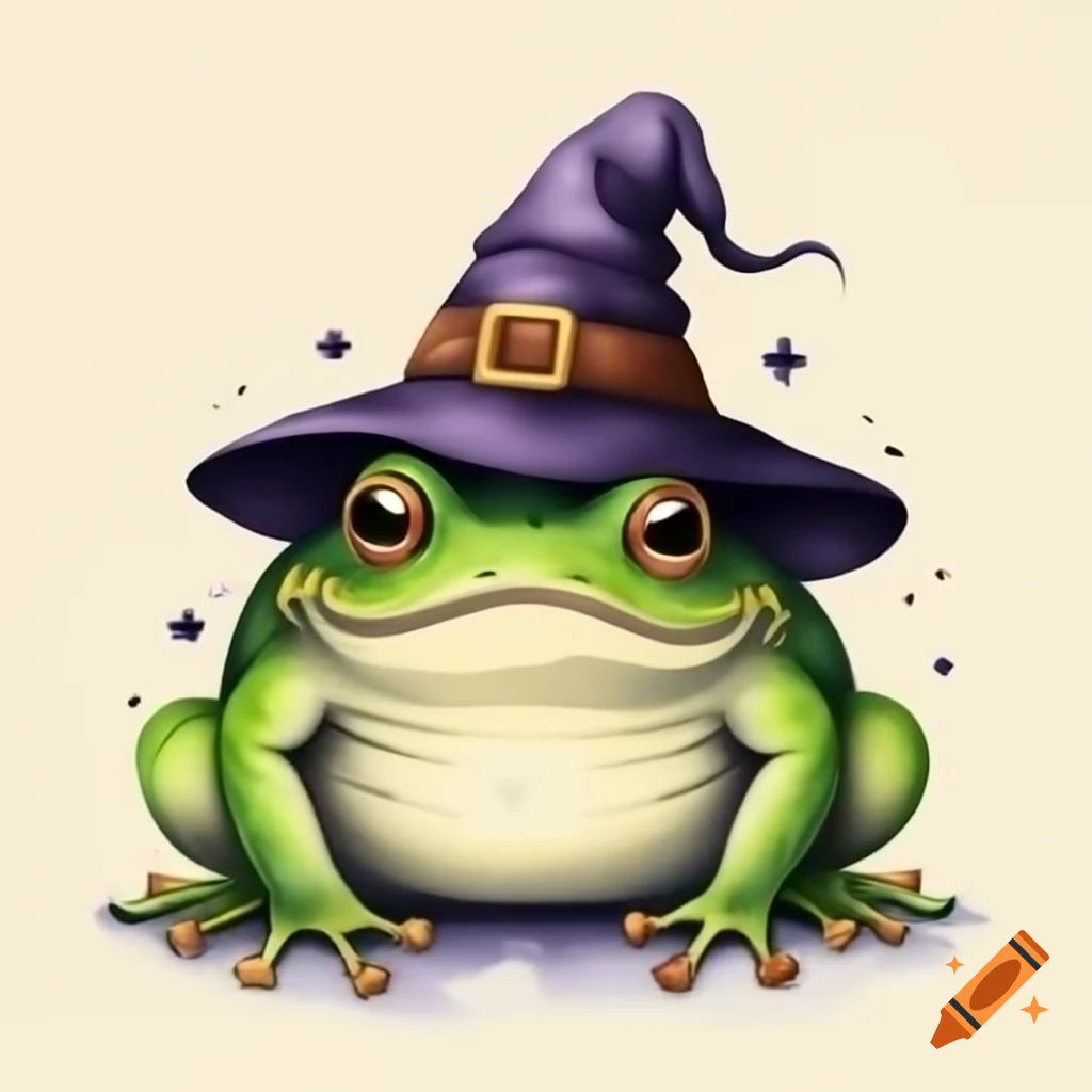 Frog in witch hat with a mischievous expression