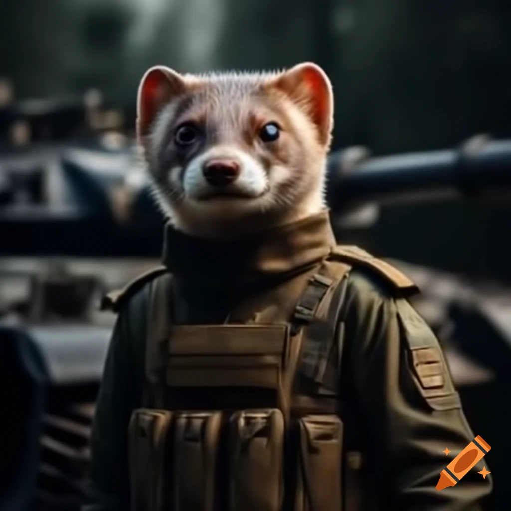 Angry European weasel in tactical military uniform commanding a T72 tank