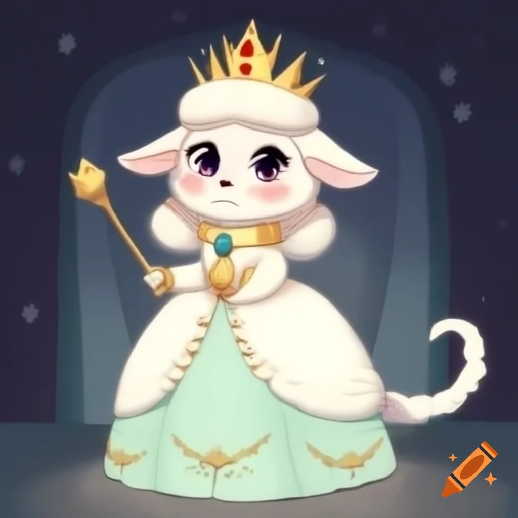 Anime-style anthro sheep girl princess in fancy dress with tiara and jewelry
