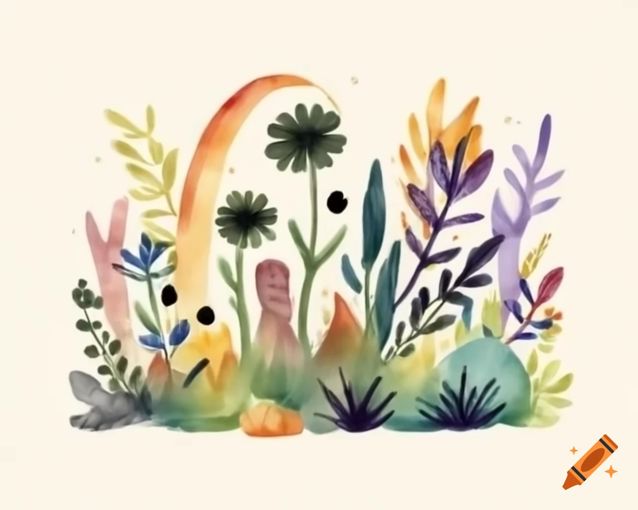 Watercolor Halloween patch of vegetation in rainbow shades, storybook style