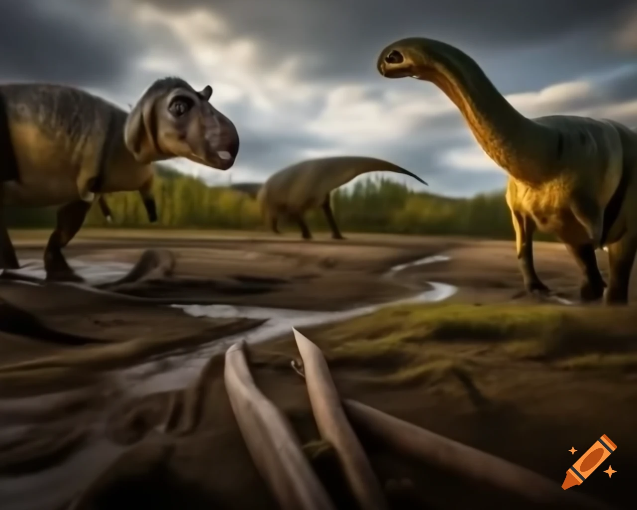 Striped Hadrosaurus group along stream in muddy flat with ferns and driftwood