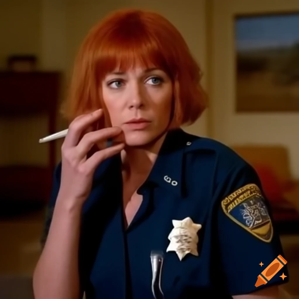 Bored policewoman at crime scene in dusty living room, detailed facial features