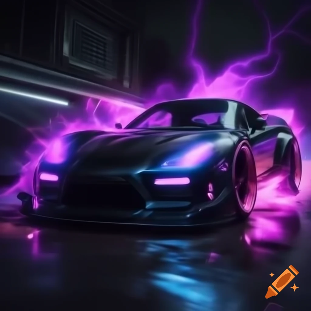 Dynamic design of the word VELOCITY with lightning effects and a fancy JDM car