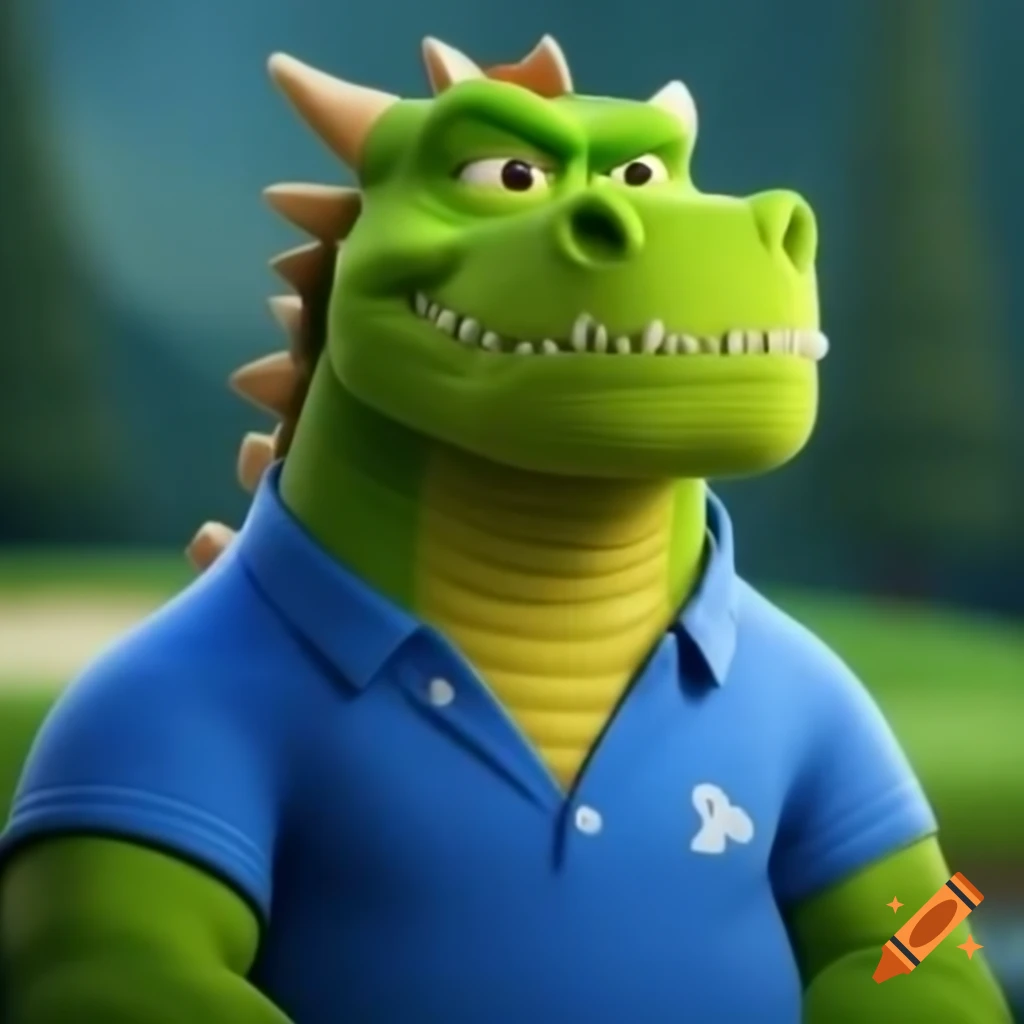 Buff green dragon wearing blue golf shirt