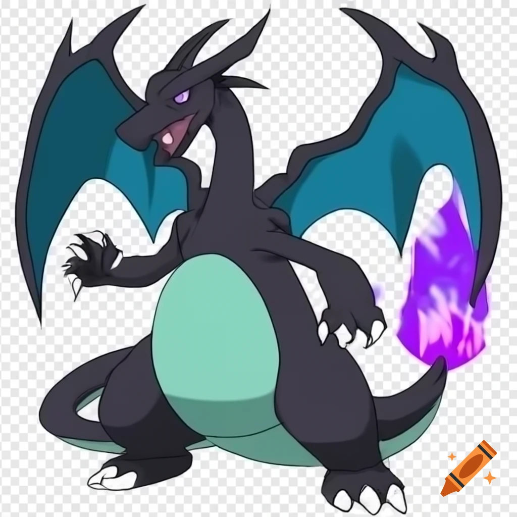 Dark Charizard with purple fire and sharp claws