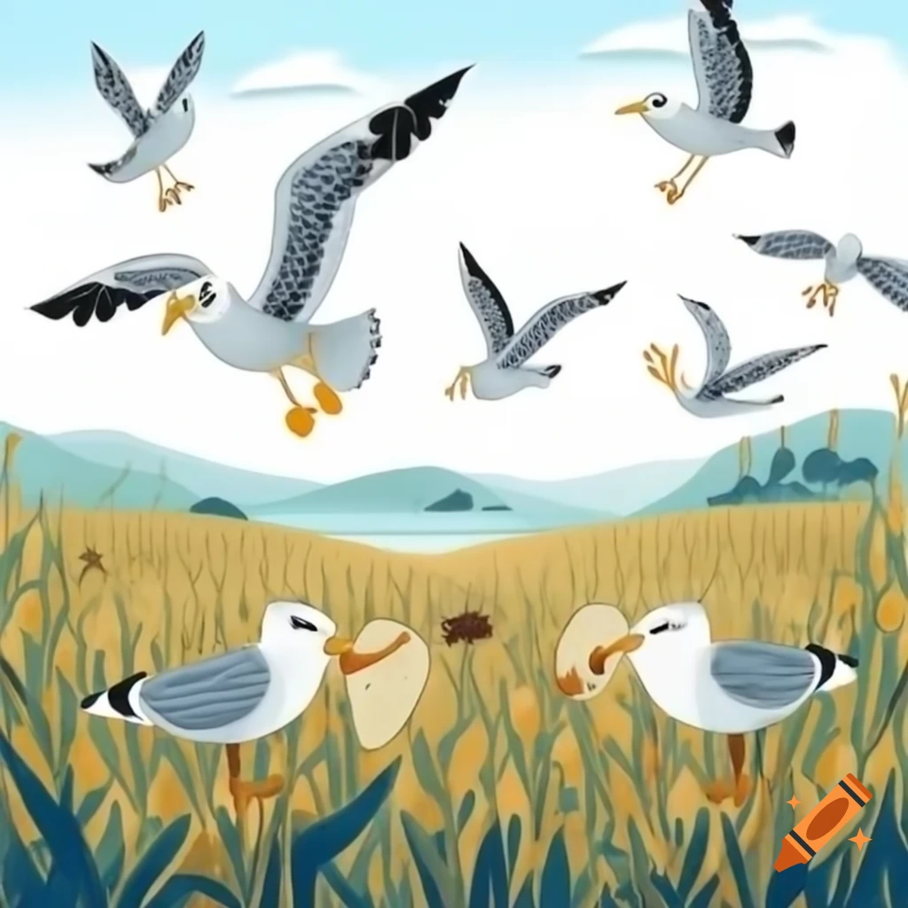 Seagulls eating grasshoppers in cornfield on hillsides