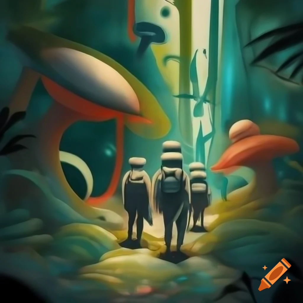 Abstract art of futuristic time travelers in the Garden of Eden with exotic flora