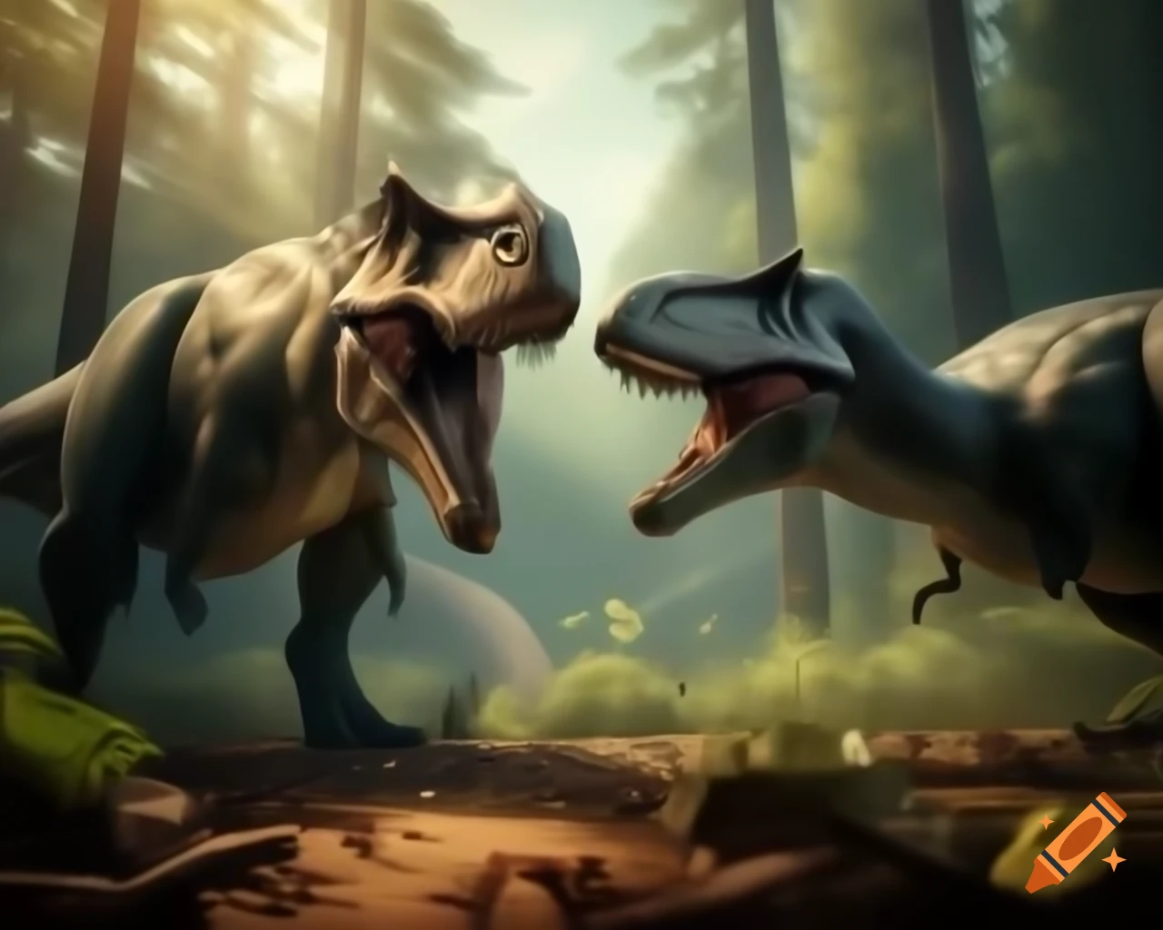 Allosaurus battling over styracosaurus carcass in redwood forest clearing