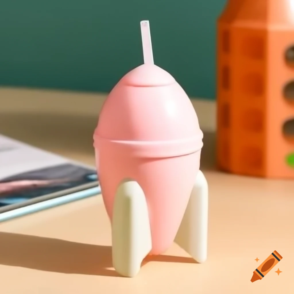 Rocket-shaped plastic cup with straw