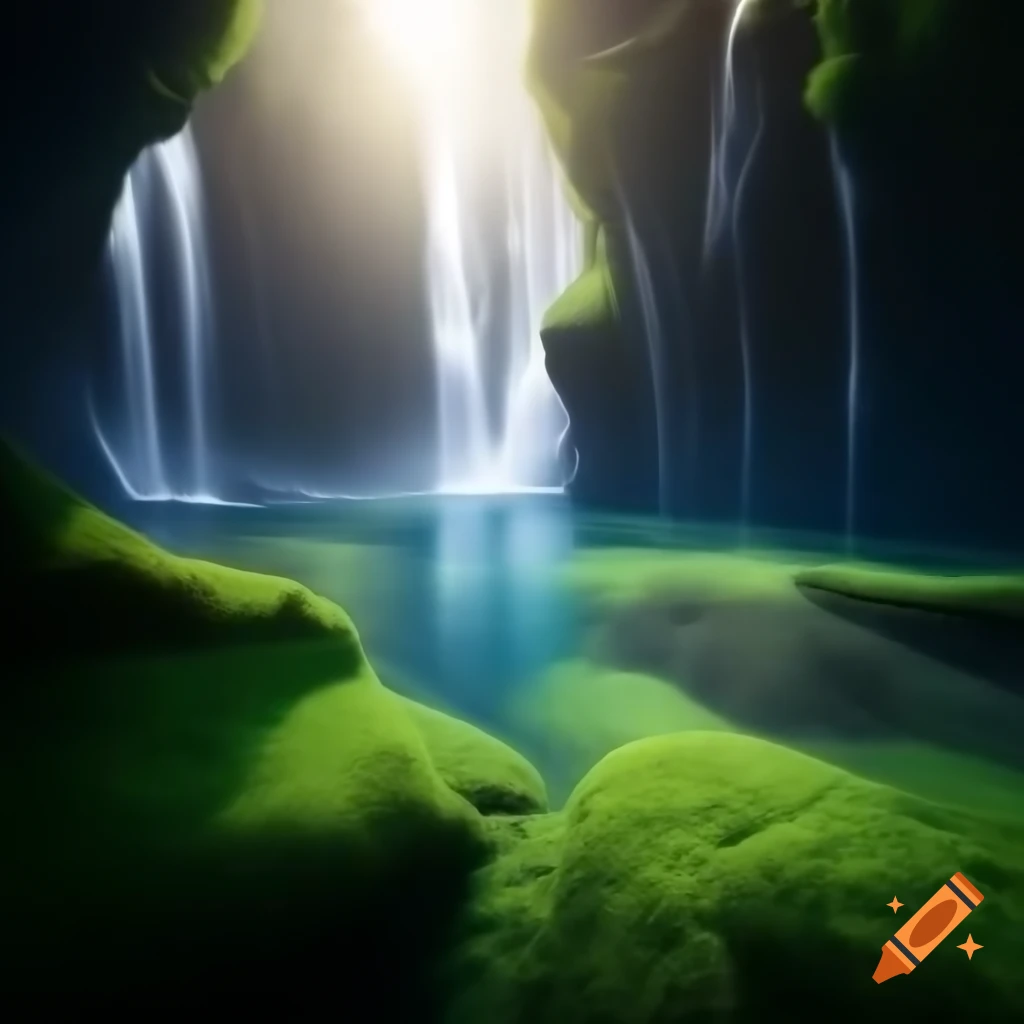 Enchanted forest grove with rushing water and tall grass