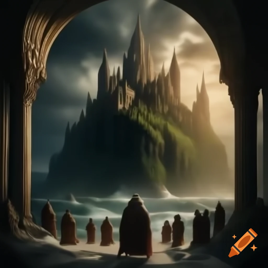 Ancient monastery on cliff overlooking tumultuous sea in medieval Europe
