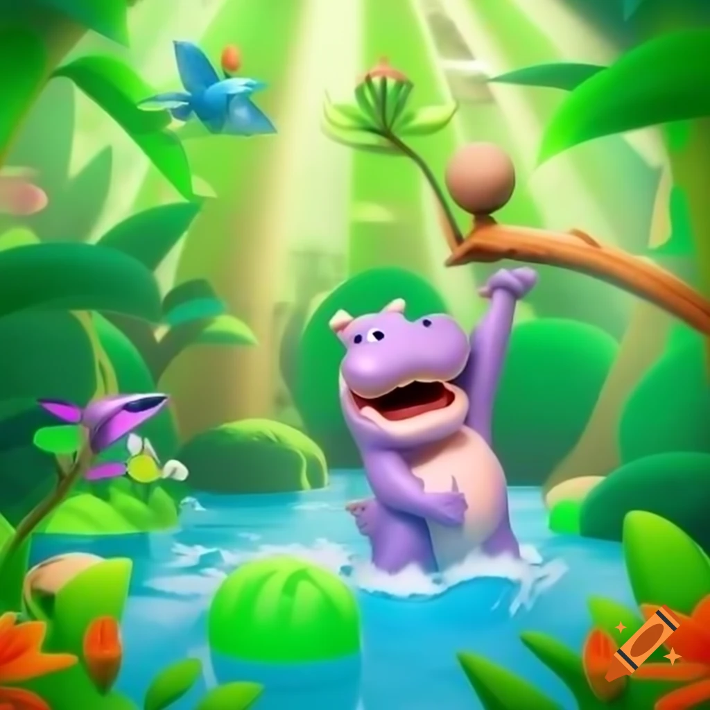3D animation of a friendly hippo in vibrant jungle with sunlight and colorful flowers